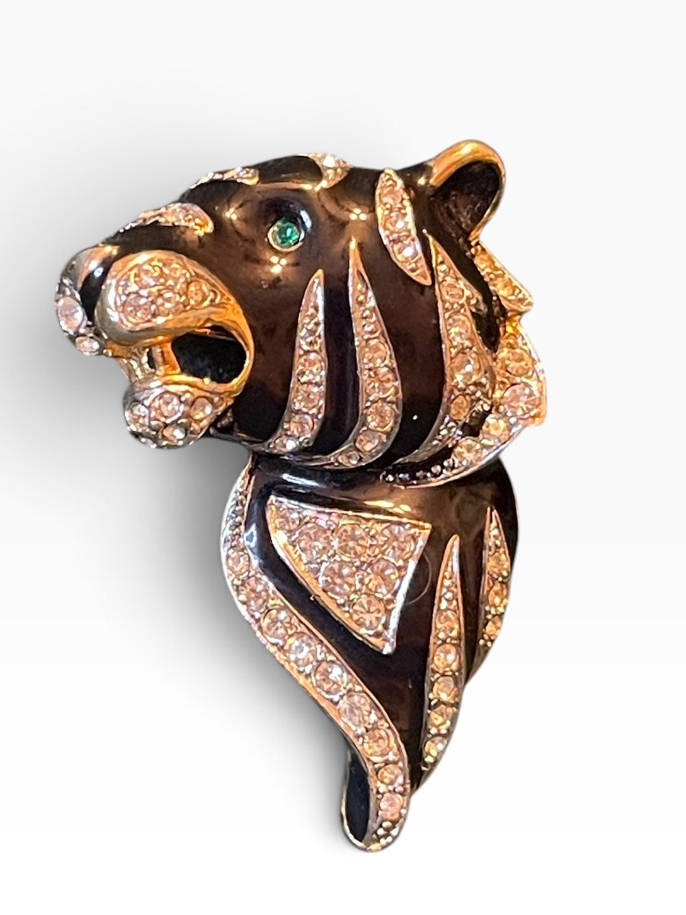 Vintage Gem-Craft Roaring Tiger Head Enamel & Rhinestone Brooch